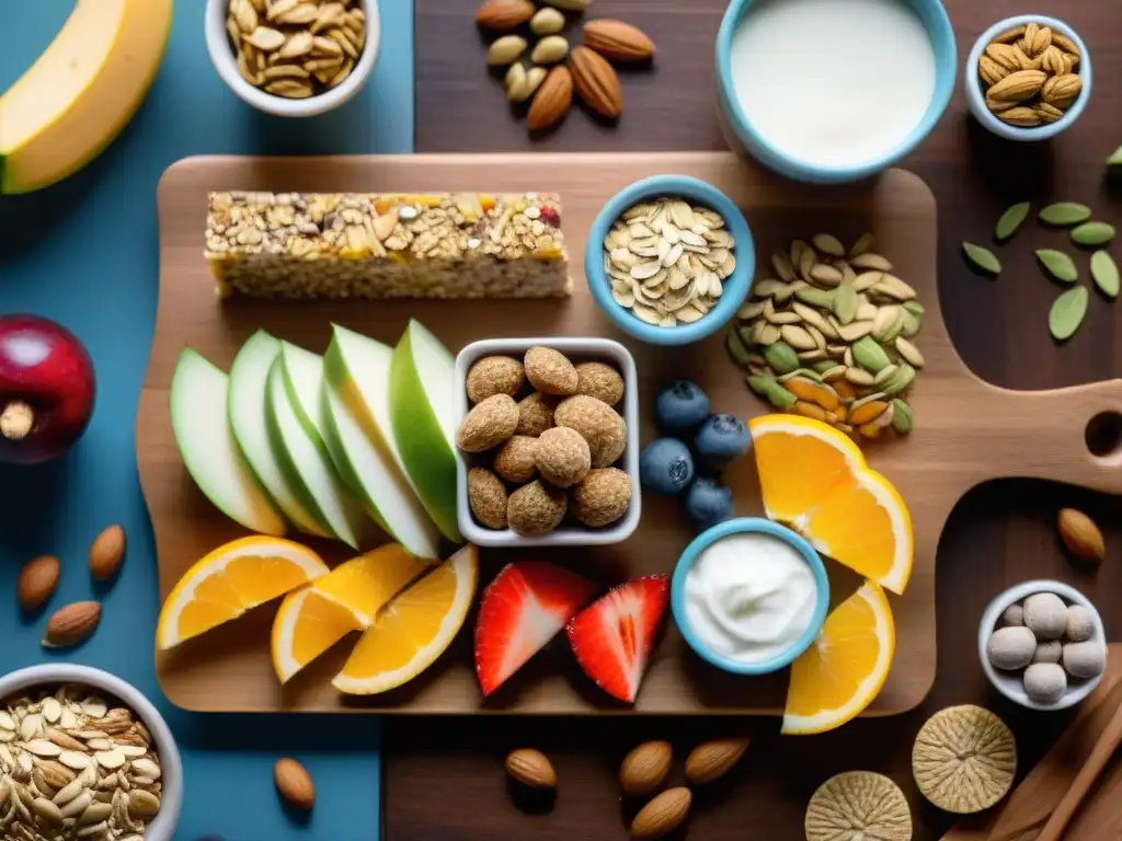 Un festín de snacks sin gluten para atletas, variados y nutritivos, dispuestos con elegancia en una tabla de madera