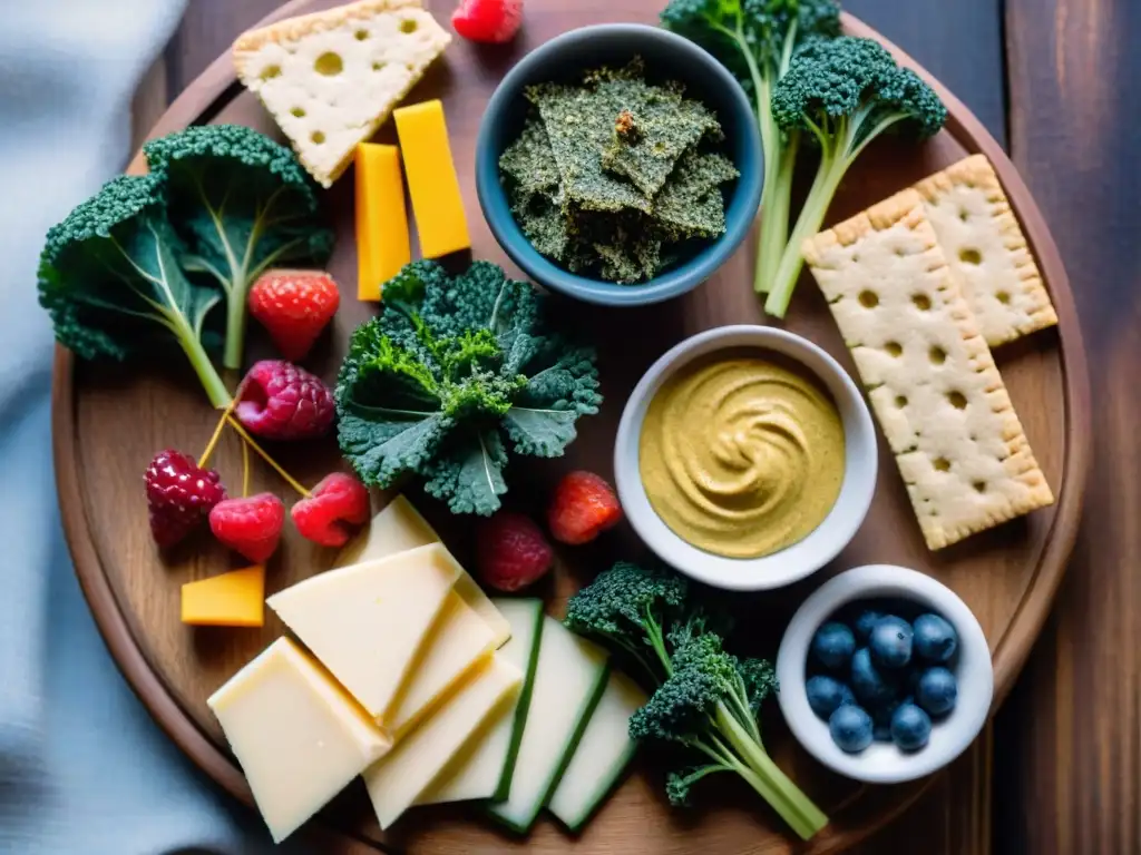 Un festín de Snacks sin gluten fáciles en una tabla de madera rústica, con kale chips, vegetales, hummus, queso, crackers y bayas frescas