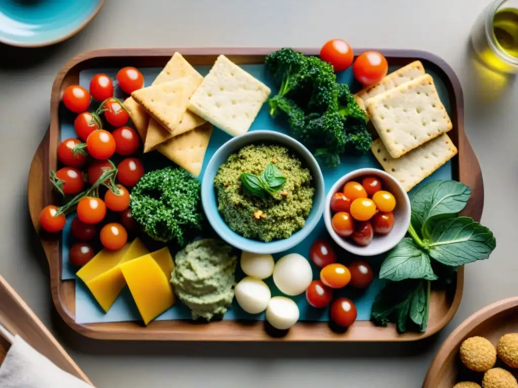 Un festín de snacks sin gluten para fiesta: brochetas de verduras, ensalada de quinoa, chips de kale, mini capreses y crackers con dips