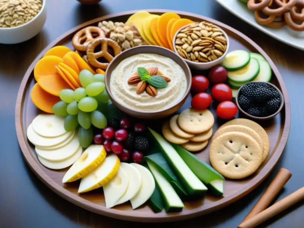 Un festín de snacks sin gluten para fiestas, con vegetales coloridos, hummus, frutas frescas, pretzels y frutos secos