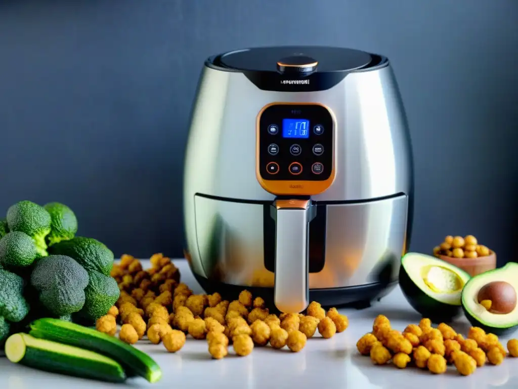 Un festín de snacks sin gluten en freidoras: crujientes garbanzos dorados, tiras de calabacín y bocados de coliflor buffalo, cocinados a la perfección