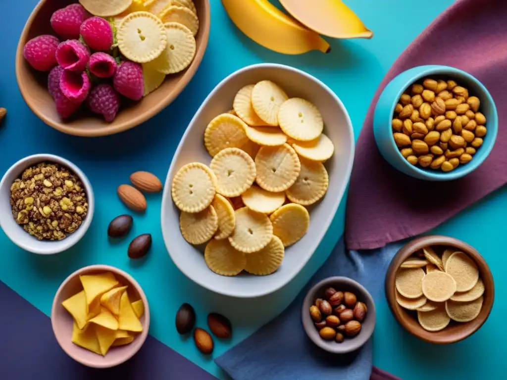 Un festín de snacks sin gluten en una mesa colorida