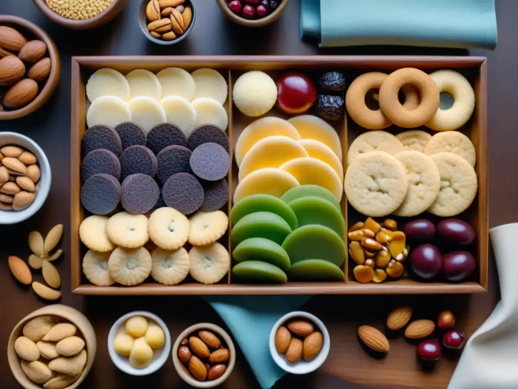 Un festín de snacks sin gluten en una mesa de madera iluminada naturalmente