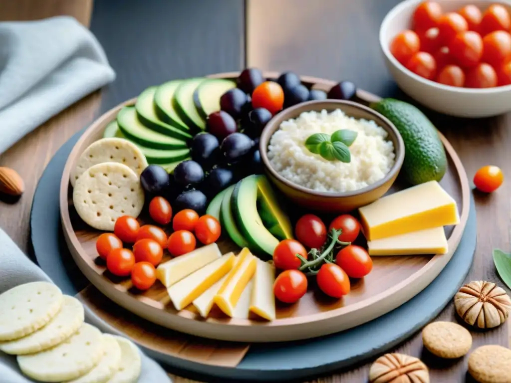 Un festín de Snacks sin gluten saludables antojo: arroz con aguacate, hummus, queso, frutos secos y más, ¡una explosión de colores y frescura!