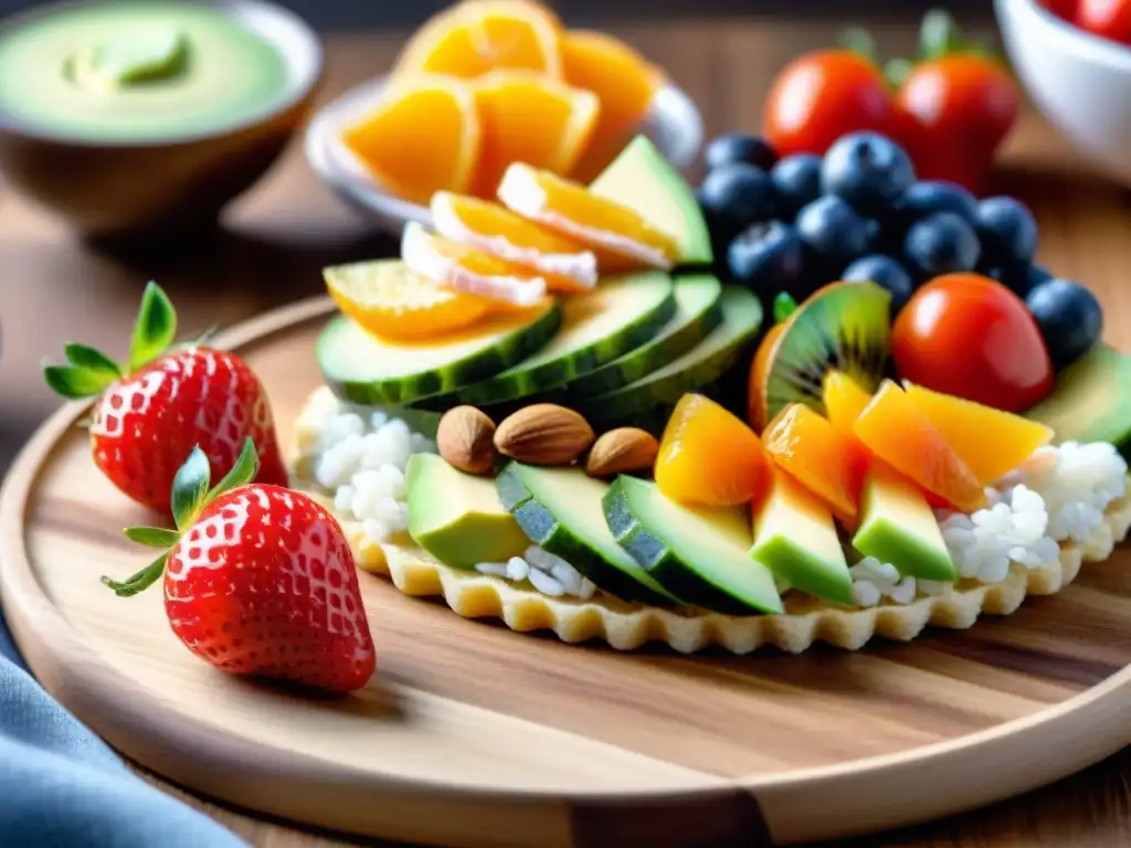 Un festín de snacks sin gluten saludables: frutas frescas, frutos secos y arroz con aguacate y tomates cherry, en una tabla de madera