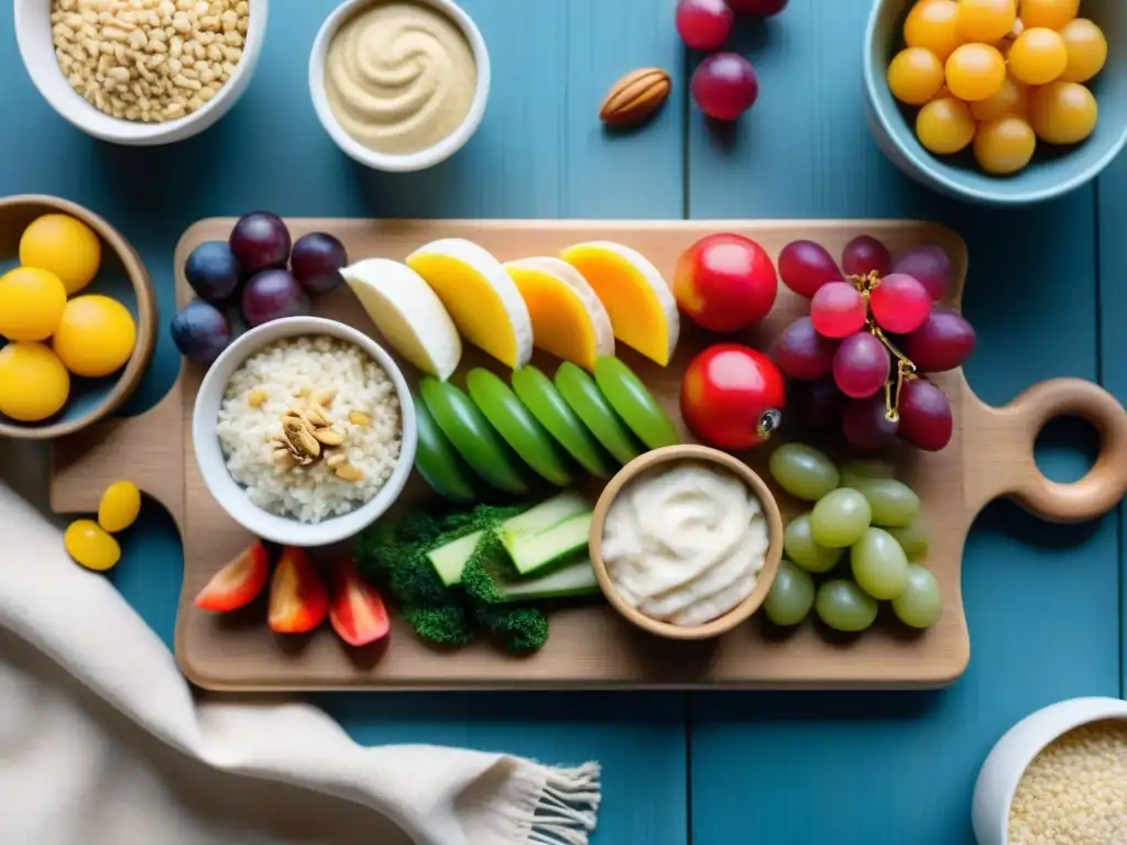 Un festín de snacks sin gluten saludables: palitos de verduras, hummus, arroz inflado, frutos secos y frutas frescas en una tabla de madera