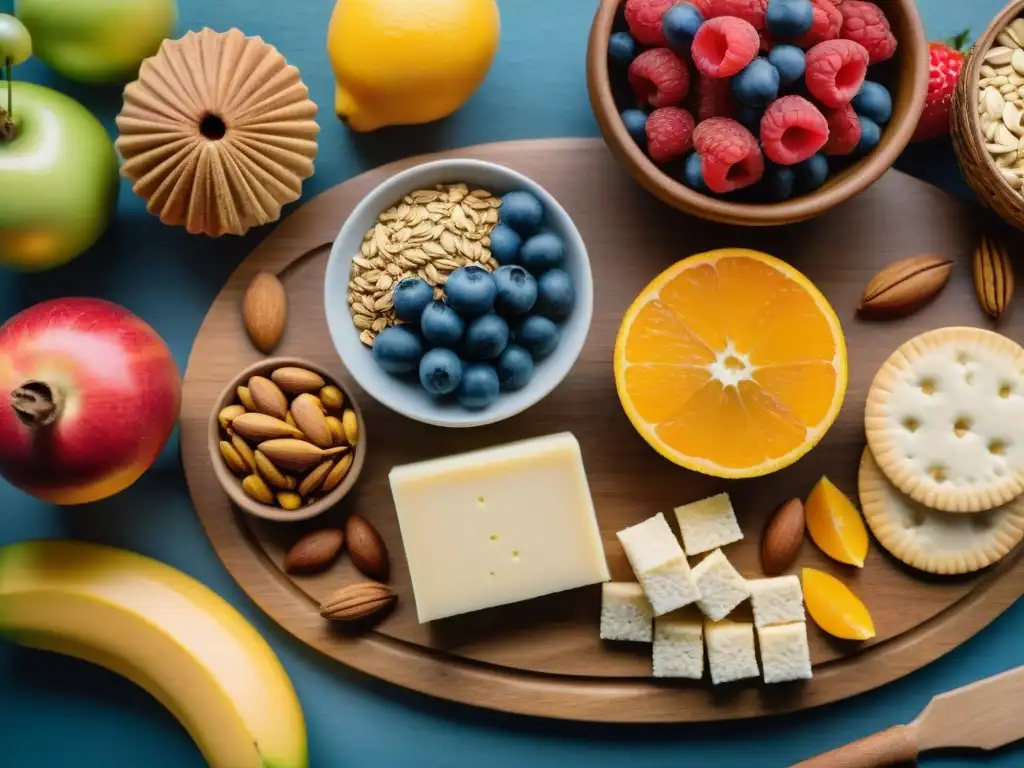 Un festín de snacks sin gluten saludables: frutas frescas, frutos secos, semillas y galletas sin gluten en una tabla de madera