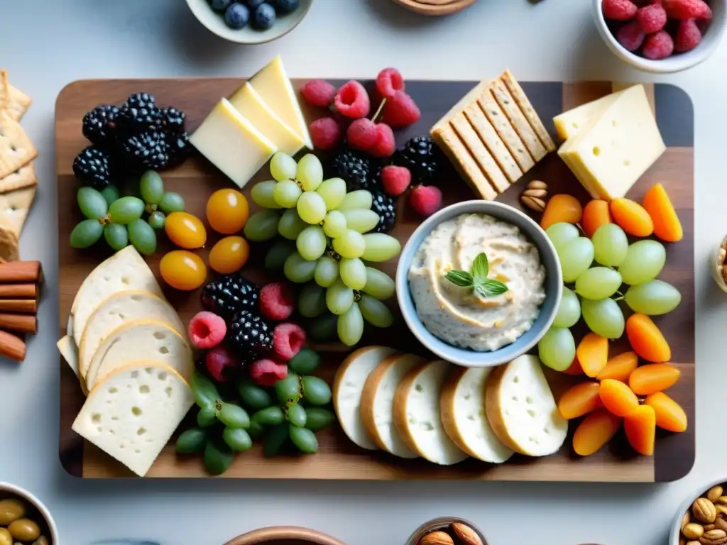 Un festín de snacks sin gluten saludables: tablero de madera con vegetales, quesos, nueces, frutas y dips artesanales