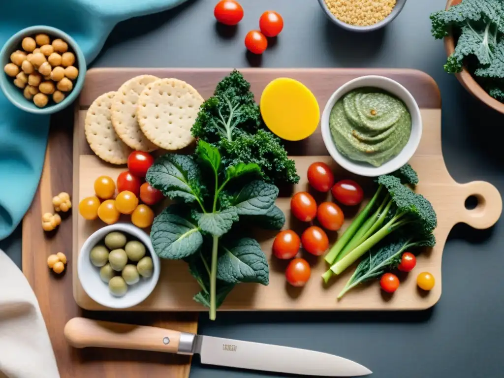 Un festín de snacks sin gluten saludables en una tabla de madera vibrante, resaltando frescura y colorido en cocina rústica