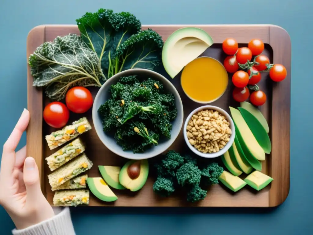 Un festín de Snacks sin gluten saludables en tabla de madera: chips de kale, arroz con aguacate, frutos secos y crudités con hummus