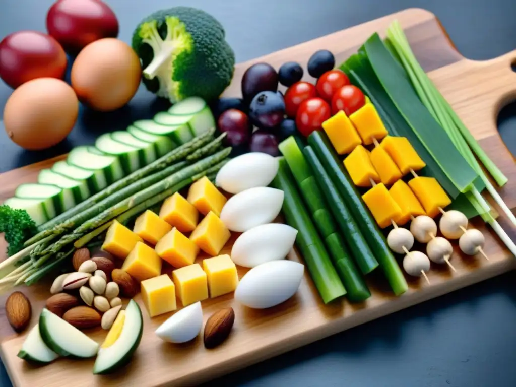 Un festín de snacks proteicos sin gluten saludables, coloridos y frescos, dispuestos con armonía en una tabla de madera