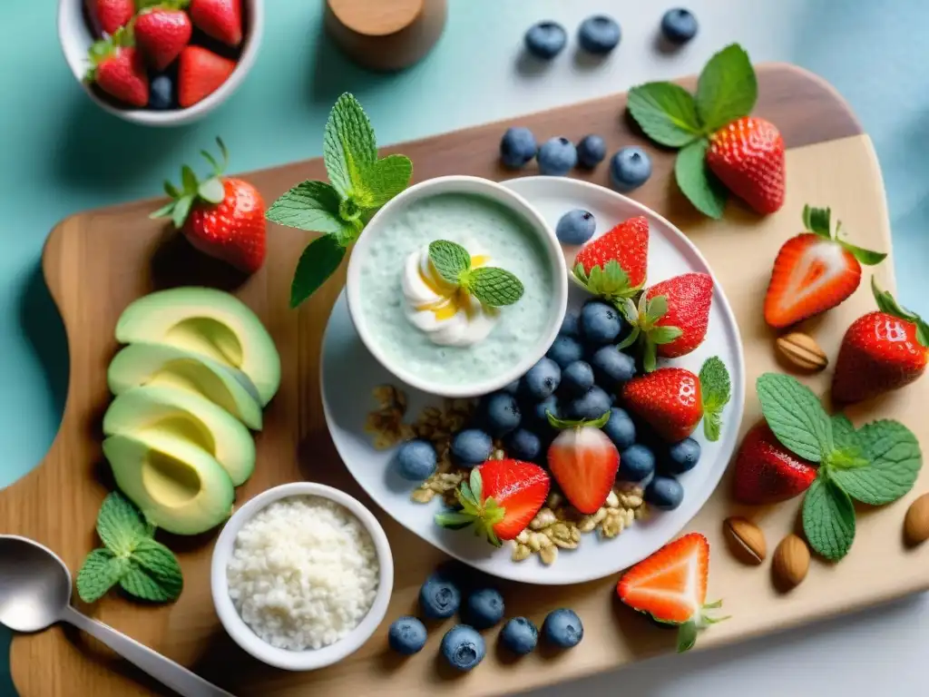 Un festín de snacks saludables Dieta FODMAP: frutas, frutos secos, arroz, aguacate, yogur y pudín de chía rodeados de hojas de menta y flores comestibles