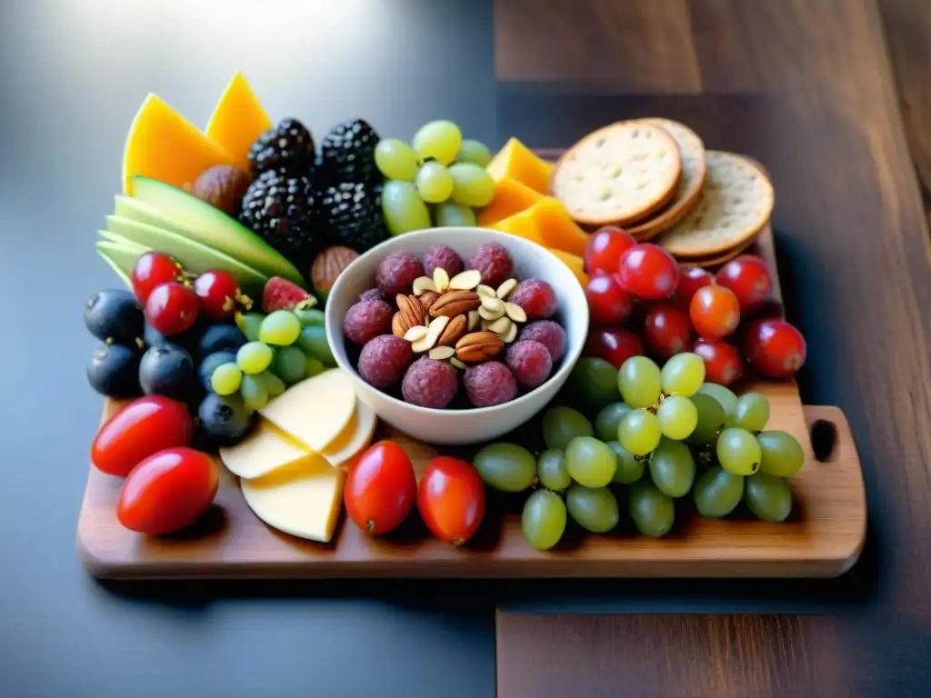 Un festín de snacks saludables sin gluten y paleo: frutas frescas, frutos secos, verduras y energéticas bolitas paleo en una tabla rústica