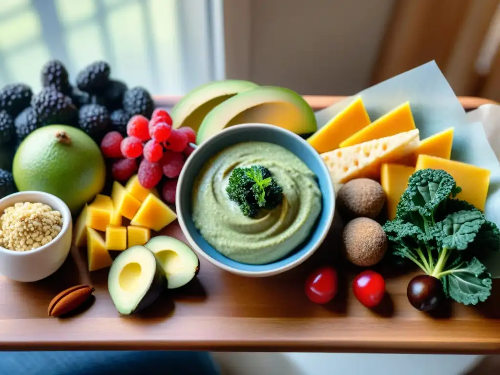 Un festín de snacks saludables sin gluten y paleo: frutas, energéticas bolitas, chips de kale, dátiles rellenos y hummus de aguacate