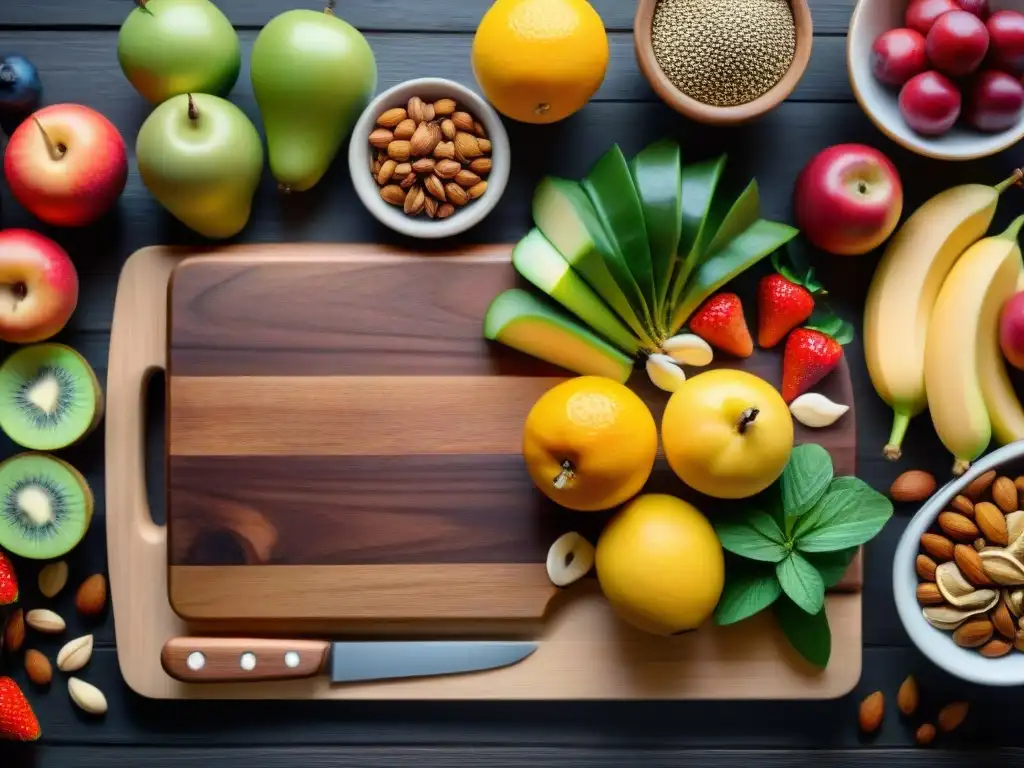 Un festín de snacks saludables sin gluten: frutas frescas, frutos secos, semillas y vegetales en una tabla de madera