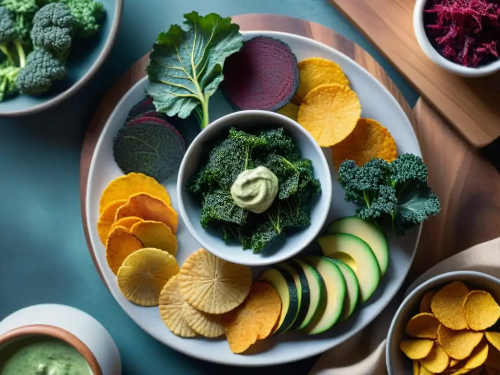 Un festín de snacks saludables sin gluten veganos: crujientes chips de vegetales coloridos en tabla rústica con dip de aguacate cremoso