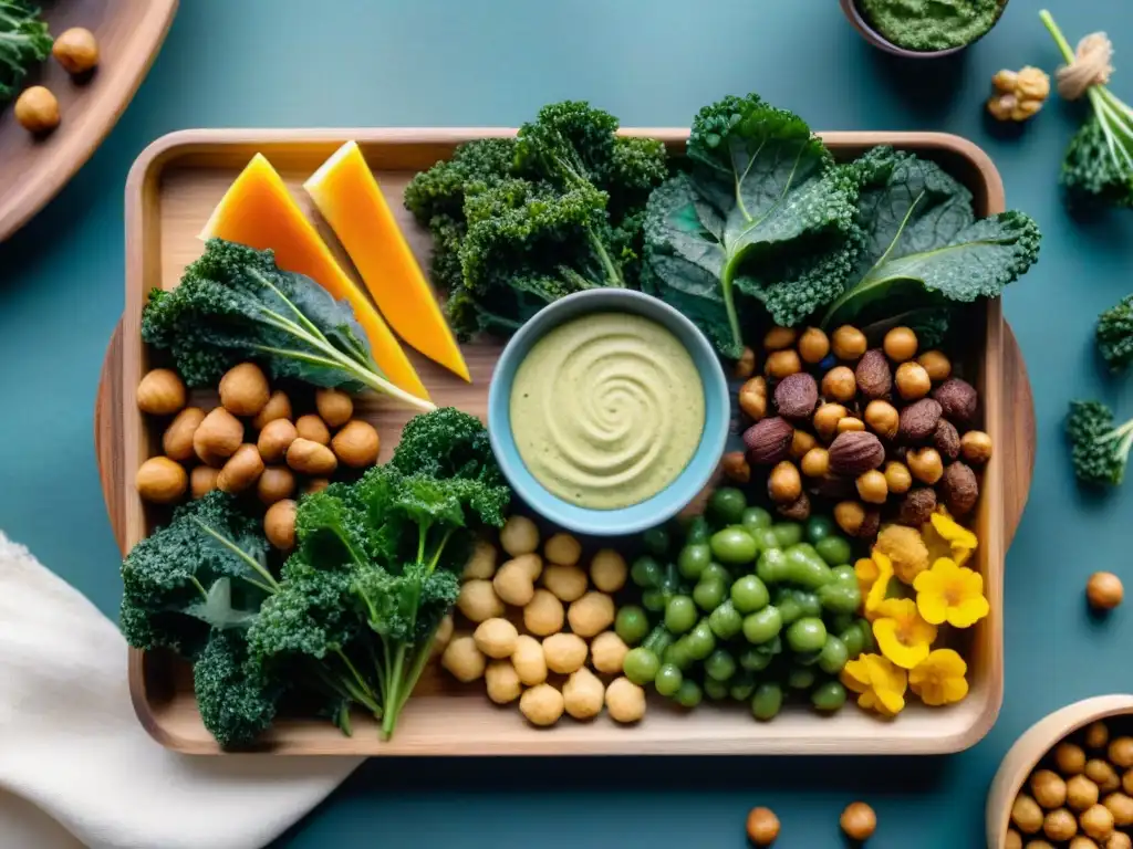 Un festín de snacks veganos sin gluten opiniones: kale chips, barras de frutas y nueces, garbanzos tostados, vegetales con hummus en una tabla rústica