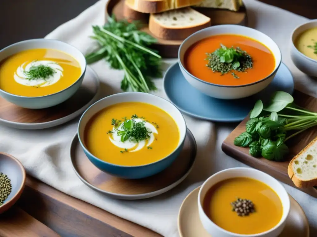 Un festín de sopas sin gluten fáciles, coloridas y aromáticas, presentadas con elegancia en cuencos de cerámica sobre una mesa rústica