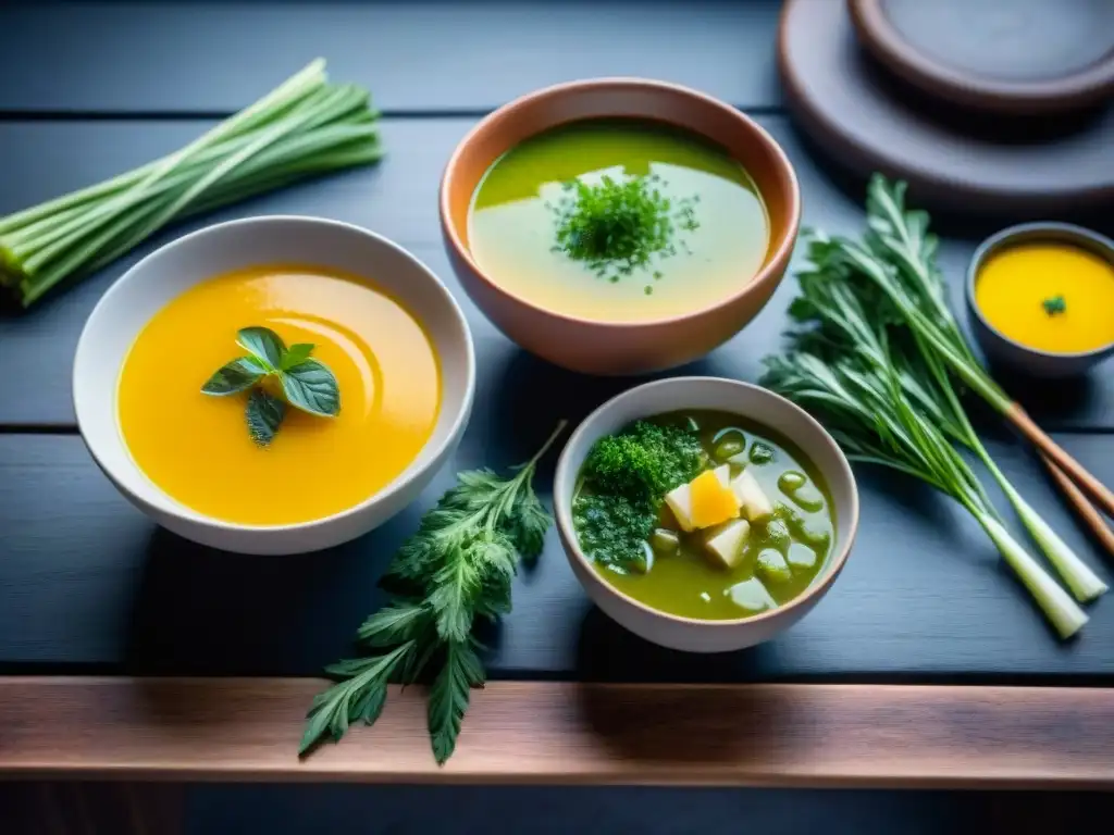 Un festín de sopas sin gluten fáciles en elegantes cuencos de cerámica, adornadas con hierbas frescas y aceite de oliva, sobre una mesa rústica de madera