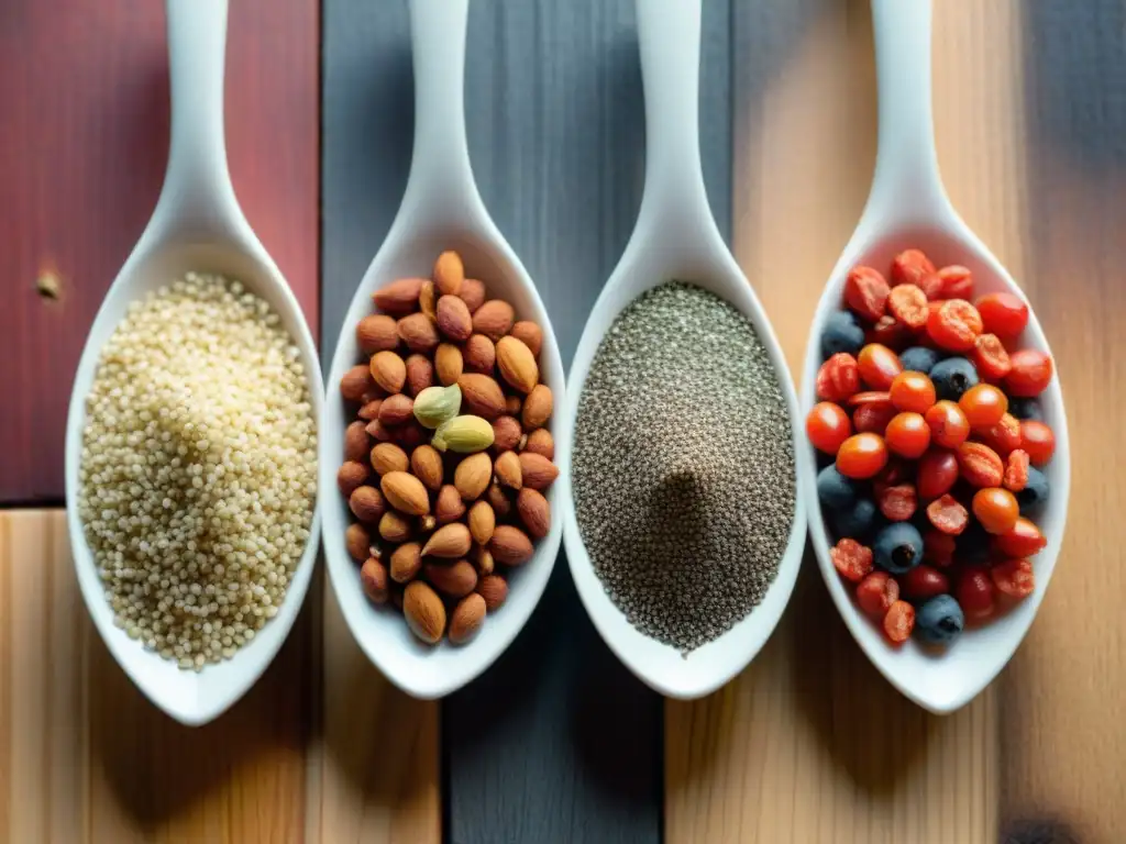 Un festín de superalimentos en pan sin gluten: chía, quinoa, frutos secos y bayas de goji sobre una mesa de madera, iluminados suavemente