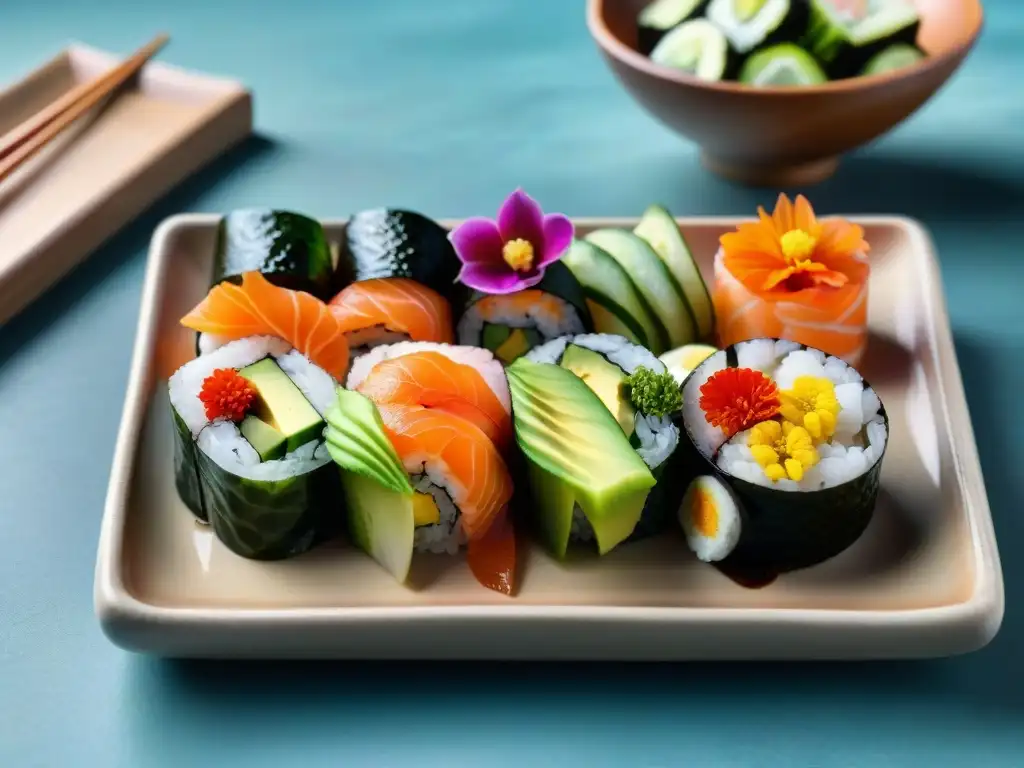 Un festín de sushi colorido en plato japonés, con ingredientes frescos y flores comestibles