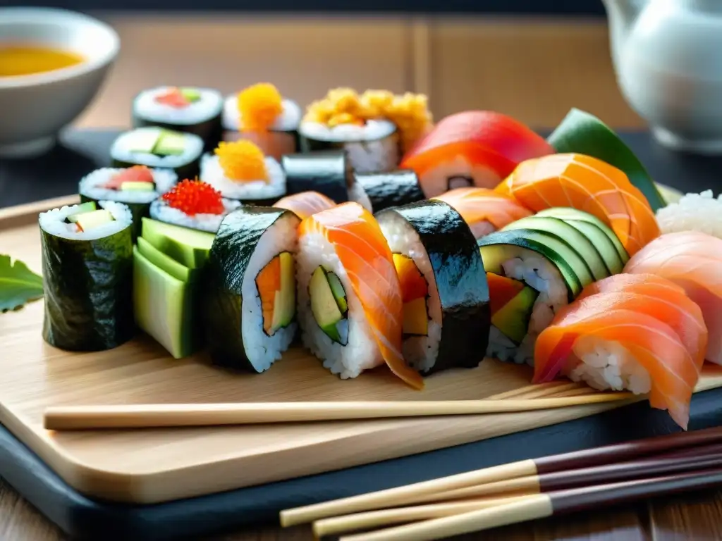 Un festín de sushi sin gluten con recetas innovadoras, lleno de color y frescura en una presentación artística