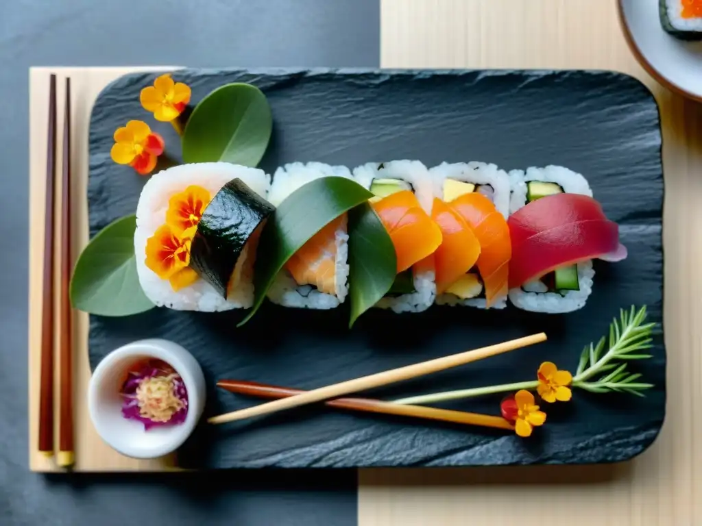 Un festín de sushi sin gluten recetas innovadoras, con rolls coloridos y creativos en una elegante presentación