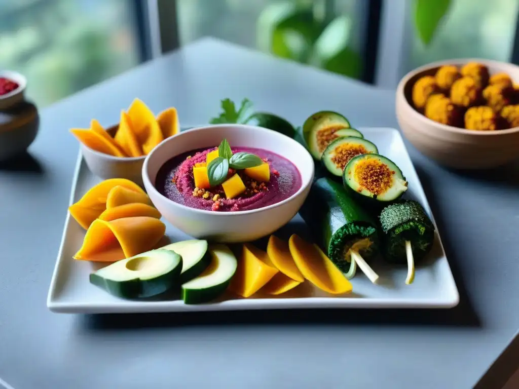 Un festín de tapas veganas sin gluten innovadoras: hummus de remolacha, rolls de aguacate y mango, frituras de calabacín y pimientos rellenos de quinua, bañados en luz natural