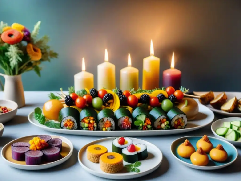 Un festín vegano sin gluten para eventos: mesa colorida con quinoa, sushi, vegetales, frutas y postres libres de lácteos