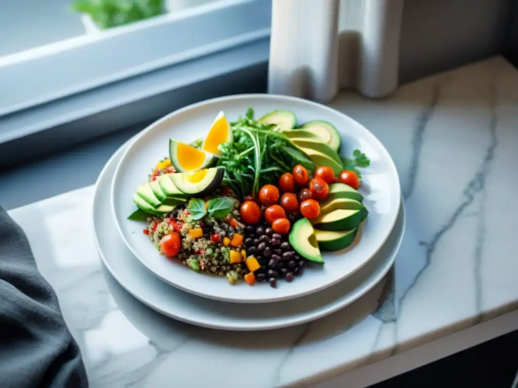 Un festín vegano y sin gluten en un plato blanco sobre una cocina minimalista