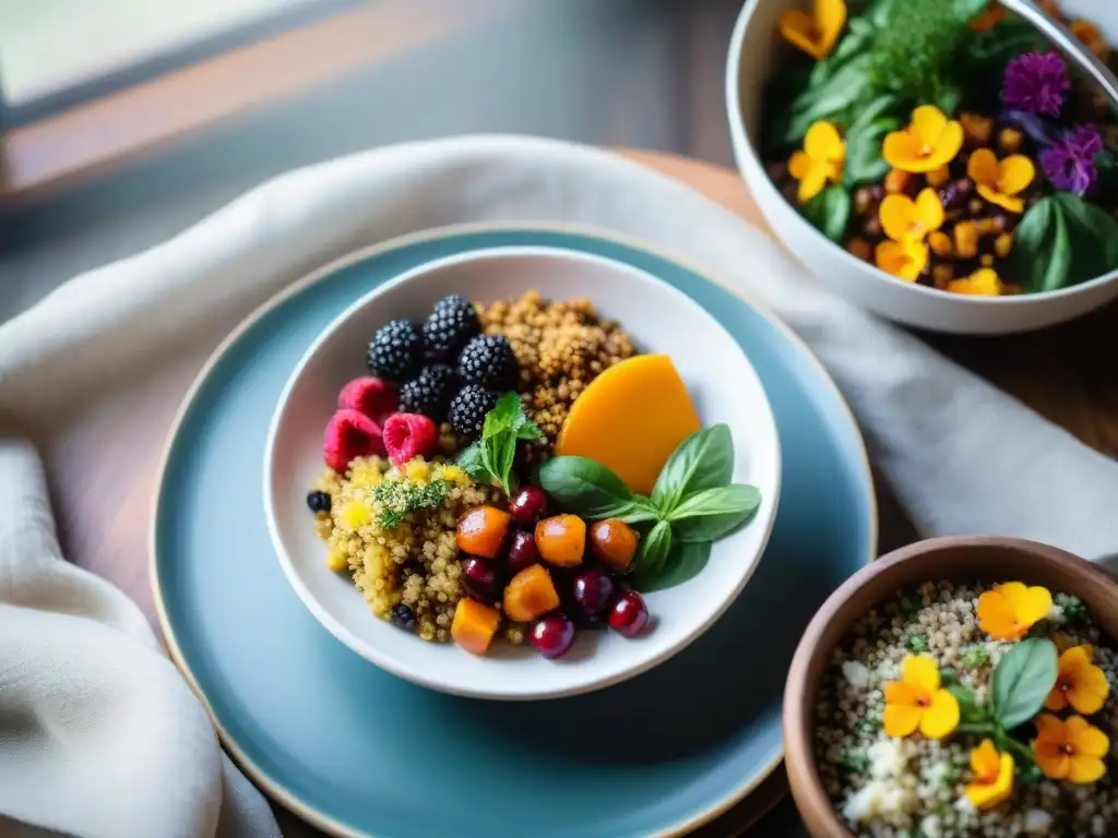 Un festín vegano sin gluten frío en mesa rústica: ensalada quinoa, guiso vegetal, batata horneada, bayas frescas