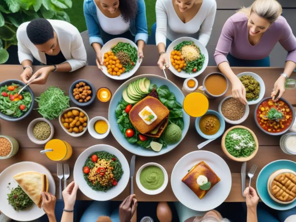 Un festín vegano sin gluten reúne a personas diversas en un patio acogedor, disfrutando y conectando