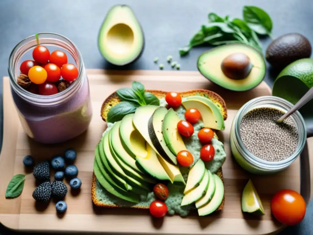 Un festín vegano sin gluten postentrenamiento: vibrante quinoa, tostada de aguacate, chía y batido verde en mesa de madera