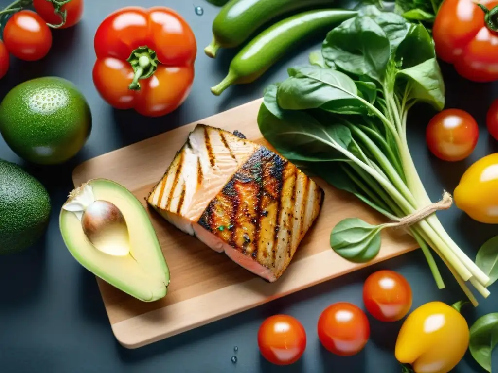 Un festín de vegetales frescos y proteínas magras en una tabla de cortar de madera, evocando una alimentación baja en carbohidratos sin gluten