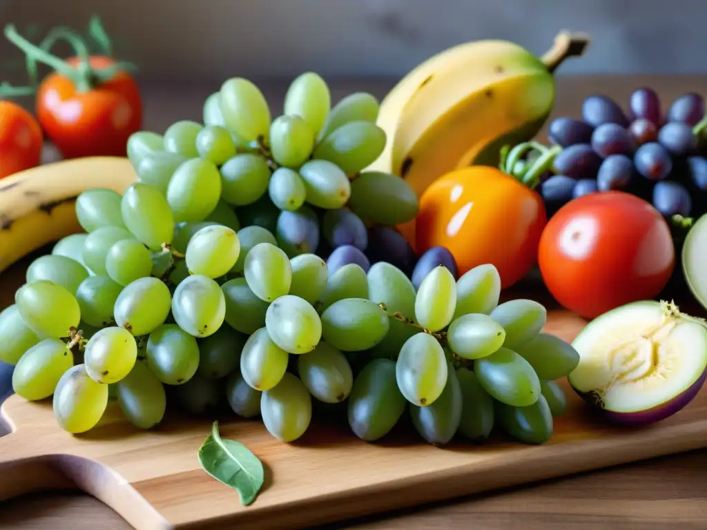 Un festín de vegetales y frutas frescas en un tablero de madera, ideal para una planificación dieta sin gluten balanceada