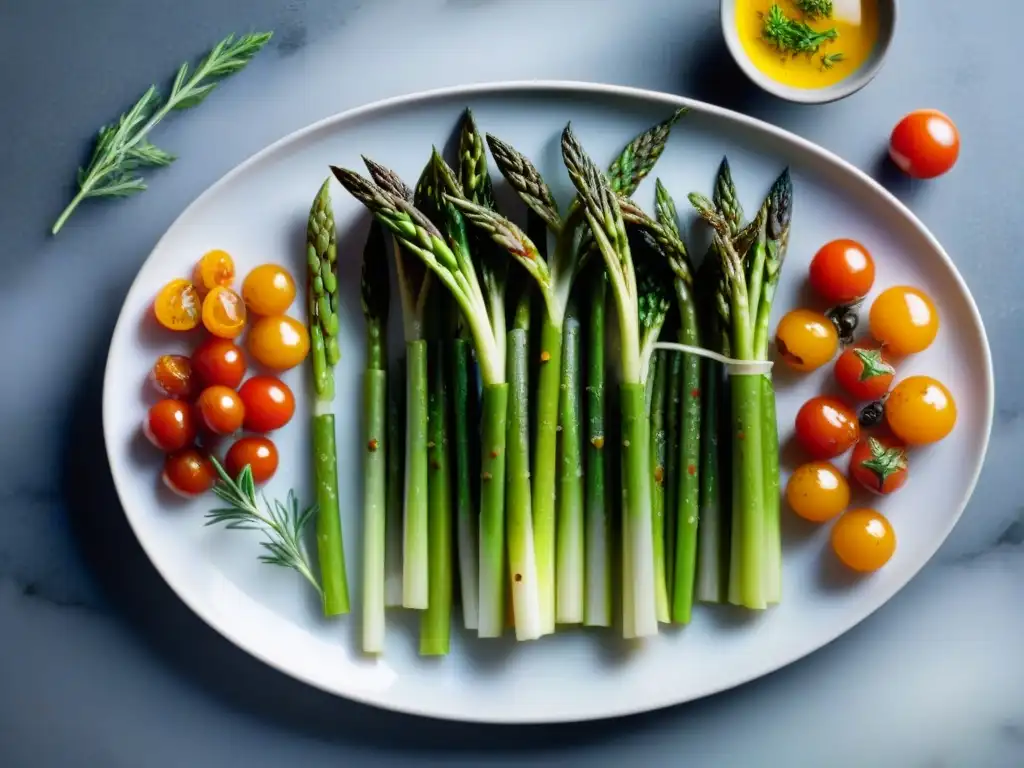 Un festín de vegetales sous vide coloridos y sabrosos, con zanahorias, espárragos y tomates, brillantes con aceite de oliva y hierbas frescas