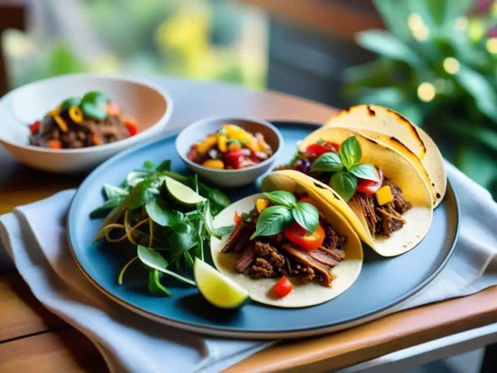 Un festín veraniego sin gluten: ratatouille, tacos de cerdo y pan crujiente en mesa al aire libre