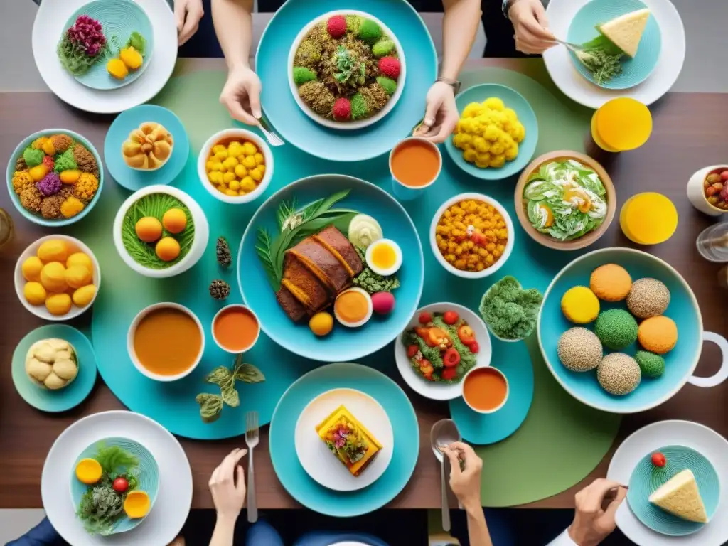 Un festín vibrante de Alimentos impresos en 3D sin gluten, en una mesa llena de color y detalles, rodeada de gente feliz