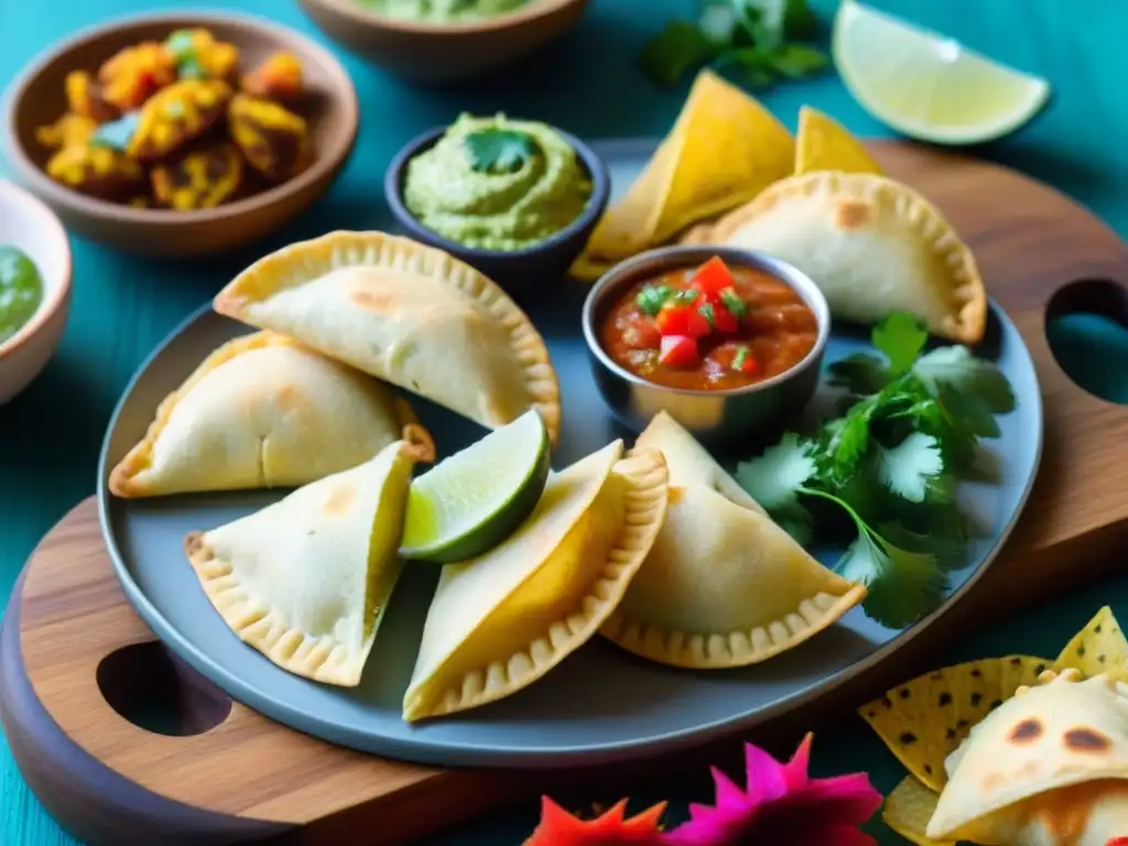 Un festín vibrante de aperitivos latinos sin gluten para fiestas, con empanadas, plátanos, guacamole, salsa y ceviche