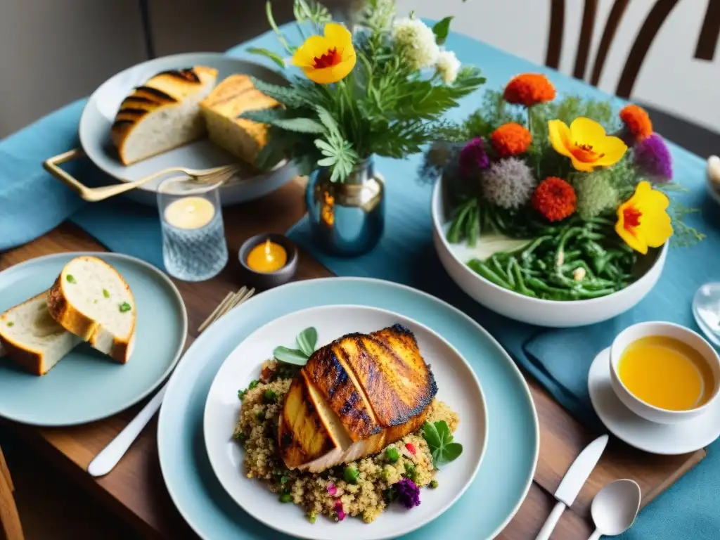 Un festín vibrante con cenas rápidas sin gluten: quinoa, pollo a las hierbas y pan de ajo, en una mesa elegante y acogedora