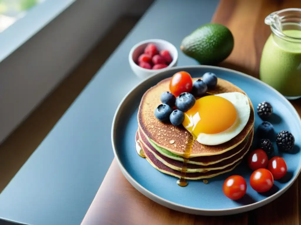 Un festín vibrante y colorido de desayunos sin gluten energéticos innovadores en una mesa de madera iluminada por la luz natural