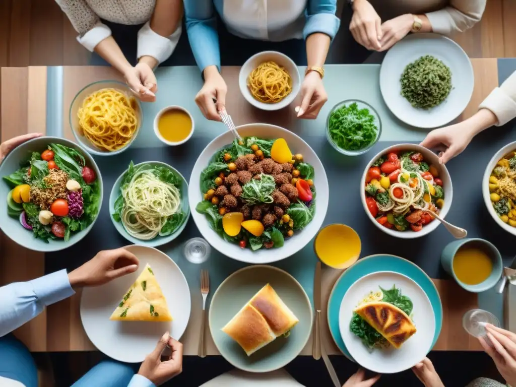 Un festín vibrante y colorido de libros de cocina sin gluten: diversidad, calidez y buena compañía en una mesa bellamente decorada