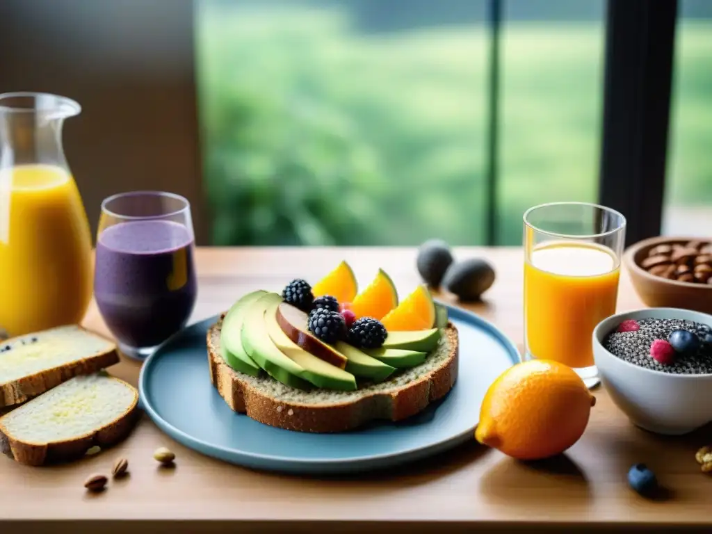 Un festín vibrante de desayunos sin gluten energizantes en una mesa de madera iluminada por la luz natural