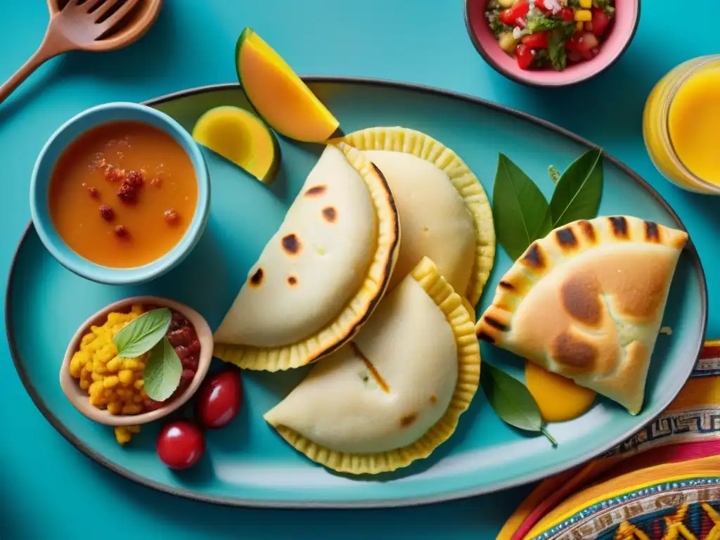 Un festín vibrante y detallado de desayuno sin gluten sabor latino con arepas, empanadas y frutas tropicales en mesa decorada