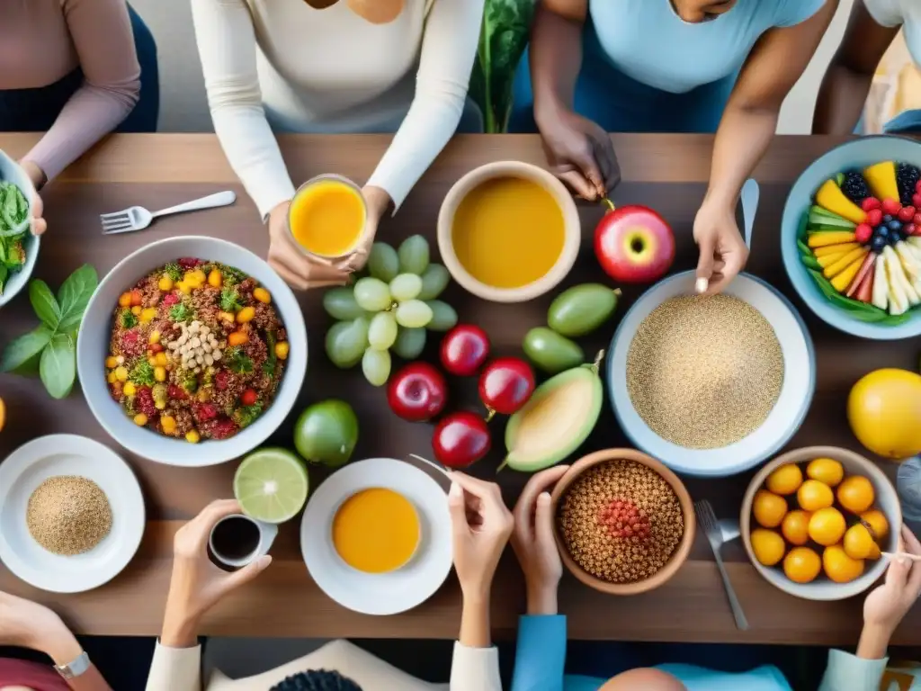 Un festín vibrante y equilibrado en una mesa donde personas diversas comparten una comida sin gluten con alegría y calidez