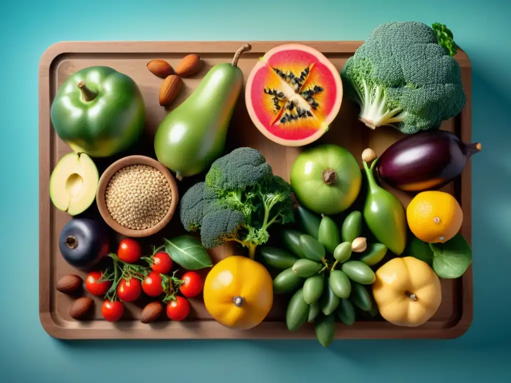 Un festín vibrante de frutas, verduras, frutos secos y semillas sobre tabla de madera