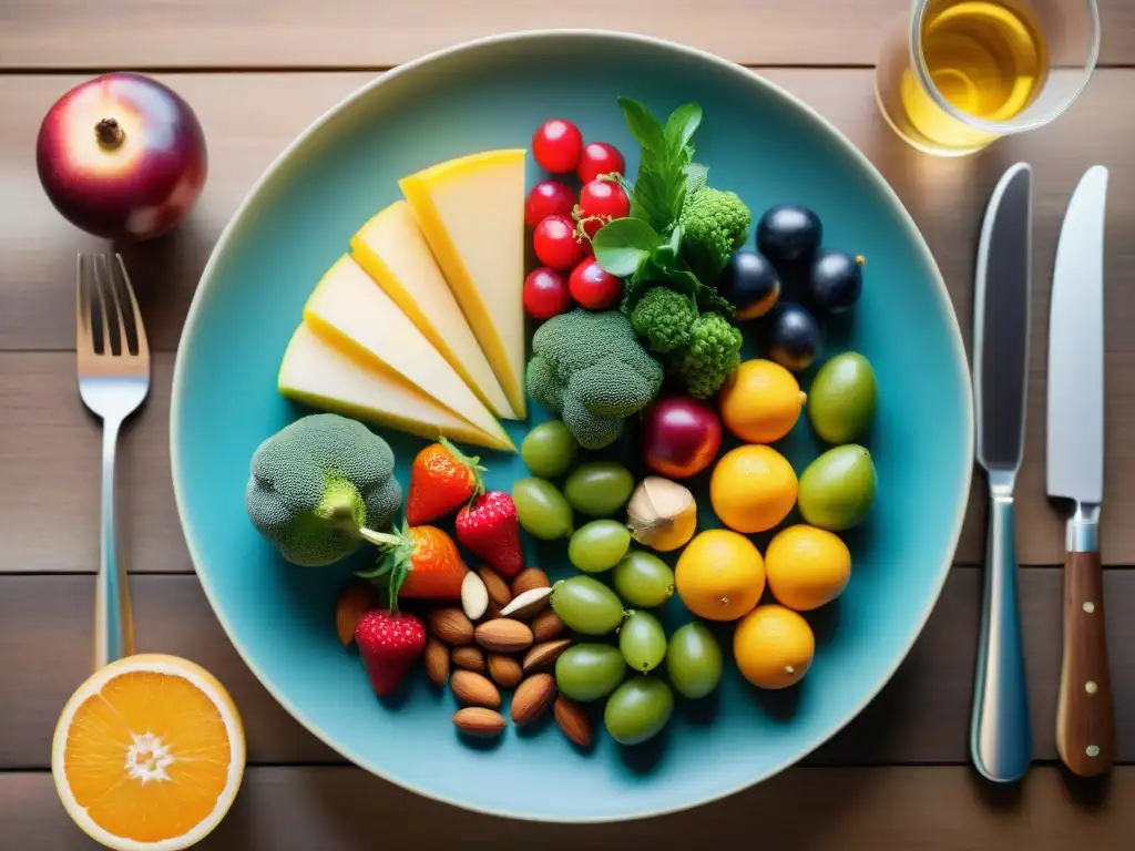 Un festín vibrante de frutas, verduras, frutos secos y proteínas en una mesa de madera