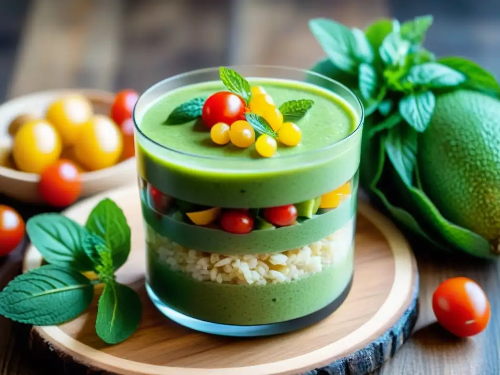 Un festín vibrante de Snacks post entrenamiento sin gluten: ensalada de frutas, tortas de arroz con aguacate, frutos secos, smoothie verde