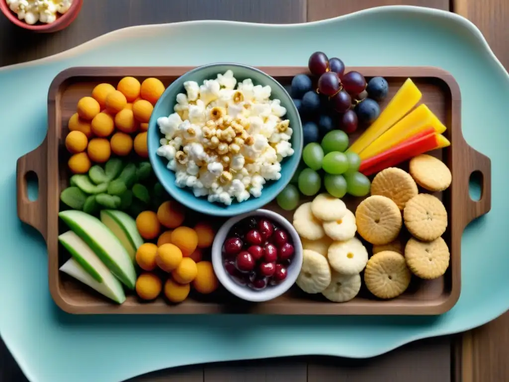 Un festín vibrante de snacks sin gluten para fiestas: palomitas, bastoncitos de verduras, brochetas de frutas, galletas y más