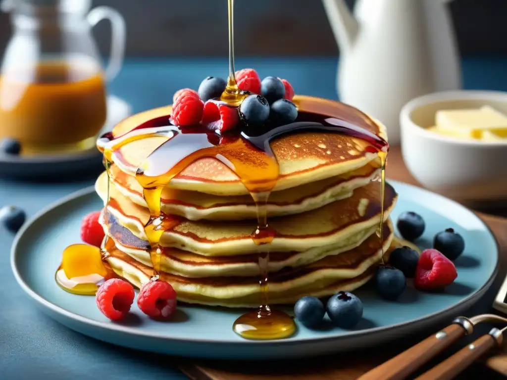 Un festín visual de apetitosos pancakes sin gluten receta fácil, coronados con frutas frescas y sirope de arce